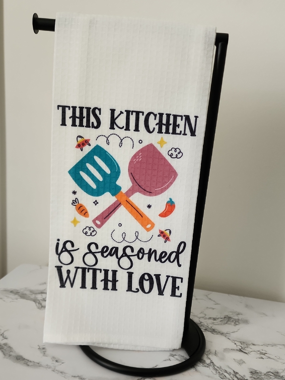 Kitchen Tea Towel - White with Colorful Utensil Design 18in X 28in
